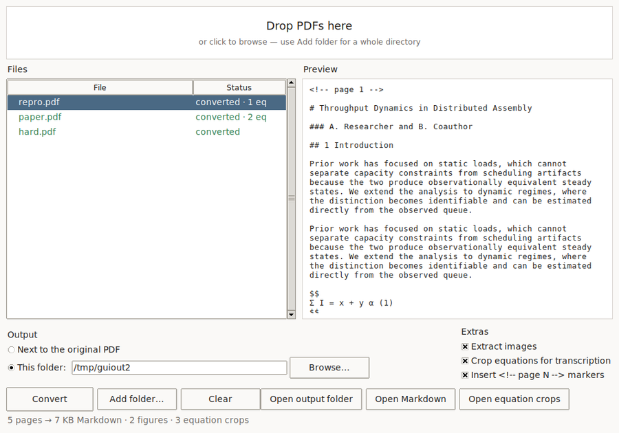 The markerlite window: files and per-file status on the left, the converted Markdown previewed on the right.